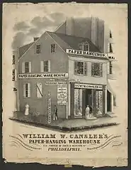 A lithograph of the Cansler paper-hanging warehouse in Philadelphia by William H. Rease. (c. 1845)