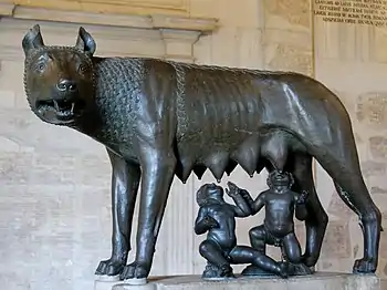 The Capitoline Wolf housed in Musei Capitolini, Rome, Italy, depicts the she-wolf, Lupa, suckling the mythical founders of Rome, Romulus and Remus.