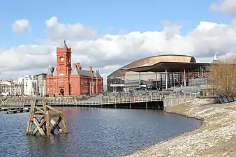 The Senedd building to the right and the Wales Millennium Centre in the background