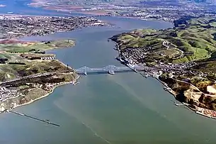 Aerial view of Carquinez Strait and bridges, prior to construction of the new suspension bridge