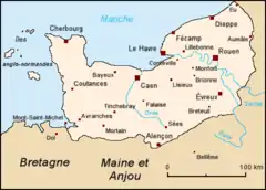 A map of the Duchy of Normandy, showing the location of Breteuil