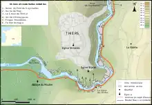 Map showing the course of the Durolle River around the east and south of Thiers, and locating the main factories on the river's banks.