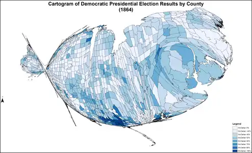 Cartogram of Democratic presidential election results by county