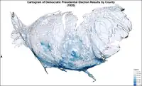 Cartogram of Democratic presidential election results by county