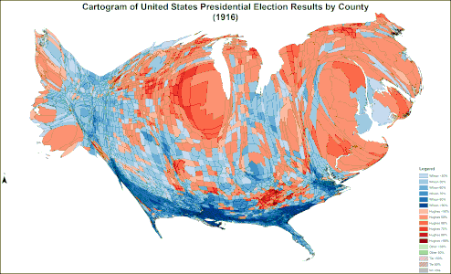 A continuous cartogram of the 1916 United States presidential election