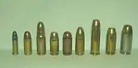 Round comparison 22 Long Rifle (lead round nose), .32 ACP/7.65mm Browning, 7.62×25mm Tokarev, .380 ACP / 9mm Kurz, 9mm Makarov, 9×19mm Parabellum, .38 Special (hollow point), .40 Smith & Wesson, .45 ACP (hollow point)