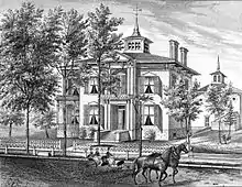 engraving of house with horse carriage