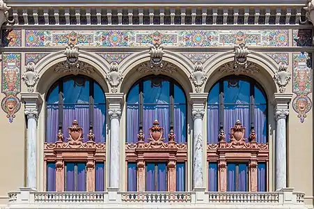 Beaux Arts polychrome mosaics with mascarons on the Opéra de Monte-Carlo, Monaco, designed by Charles Garnier, 1879