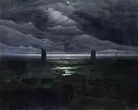 Seashore by Moonlight (1835–1836). 134 × 169 cm. Kunsthalle, Hamburg. His final "black painting", it is described by William Vaughan as the "darkest of all his shorelines."