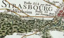 Extract from an old map on which Strasbourg is visible in the east.