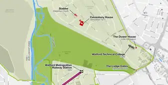 Cassiobury Park is now much smaller, suburban streets now cover the area where Cassiobury House once stood.