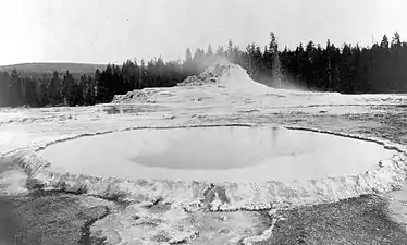 William Henry Jackson photo, 1872. Castle Geyser is in the background.