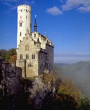 Image 1Lichtenstein CastlePhoto credit: Andreas TilleLichtenstein Castle is a fairy-tale castle located near Honau in the Swabian Alb, Baden-Württemberg, Germany. Although there have been previous castles on the site, the current castle was constructed by Duke Wilhelm of Urach in 1840 after being inspired by Wilhelm Hauff's novel Lichtenstein. The romantic Neo-Gothic design of the castle was created by the architect Carl Alexander Heideloff.