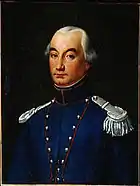 Painting depicts a somber, round-eyed man in a blue military uniform with silver epaulettes.