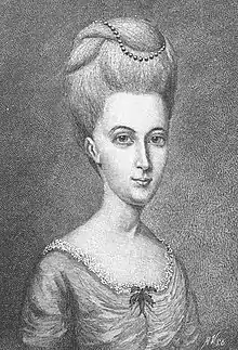 An illustration of an eighteenth-century woman, with a high bouffant hair style and a scoop-necked dress with lace trim.