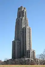 Northwest side of the cathedral from across the lawn of the Sailors and Soldiers Memorial