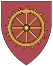 The college shield of St Catharine's College, Cambridge, prominently depicting a Catherine wheel.