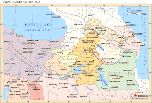 Map of the southern Caucasus and the area of eastern Turkey and northern Iraq and Syria. Greater Armenia in the center with minor Caucasian principalities to its northeast, the Byzantines to the west and the Abbasid caliphate to the south and east.