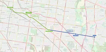 Map showing the 2018 State Government proposal for a new tram line from Caulfield railway station to Chadstone, Monash University, Waverley Park and Rowville