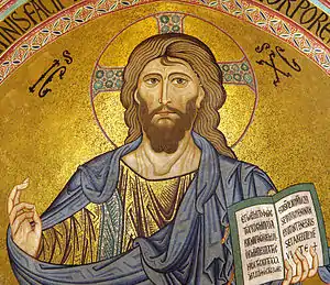 Christus Pantocrator, meaning "Christ Enthroned," an Eastern style icon in the apsis of the cathedral of Cefalù, Sicily.