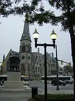 Central United Methodist Church, in Victorian gothic style, overlooks Grand Circus Park