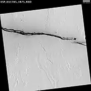 Wind-blown material darkens areas around a Cerberus Fossae trough (scale bar for HiRISE image is 500 m)