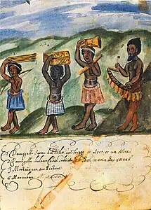 Scene of ceremonial procession in 1650s Angola, with Lusona depicted on the chest