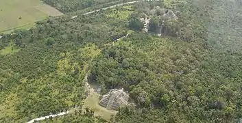 View of the ruins at Chacchoben from the air