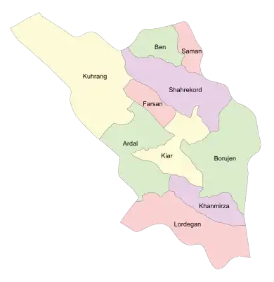 Location of Farsan County in Chaharmahal and Bakhtiari province (center, pink)