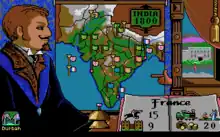 In this screenshot, a French consul is pointing to a map of India, which displays flags in various places of the country. The interface to the right of the consul displays a book containing data on the player's progress.