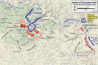 A map showing Stuart's attack on General Daniel Sickles's position in the western outskirts of Chancellorsville.