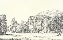 A pencil drawing showing an image of the Chapter House, with trees in the foreground.