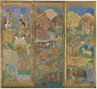 Charles Prendergast, Three-Panel Screen (front), c. 1916-1917, oil and gold leaf on gessoed wood, each panel, 75 x 27¼ in, private collection.