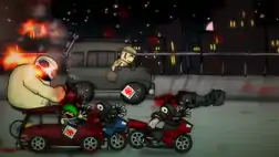 A character in a large van, another in a four door car, and a large, muscular man on a bicycle chase two ninjas on motorcycles.