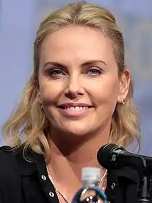 A headshot of Theron at the San Diego Comic-Con International in 2017