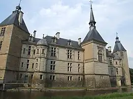 Closeup of the Neo-Renaissance facade of the castle