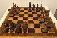 The direction of the chess  pieces indicates to which player they belong.