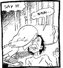 A black-and-white cartoon panel.  A long-haired boy leans over the bed of a woman.  In a thought balloon the boy thinks "Say it!"  The woman groans "...NNN..."