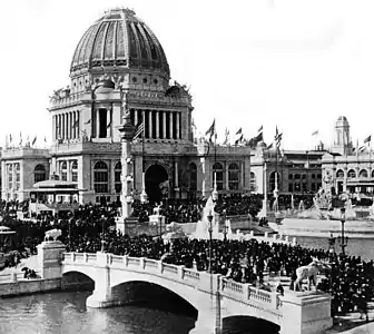 The Administration Building and Grand Court during the October 9, 1893, commemoration of the 22nd anniversary of the Chicago Fire.