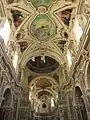 Ceiling of nave, interior of dome with stained glasse, ceiling of chancel/apse, daylight through clerestory windows