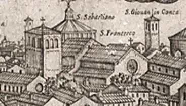 16th century engraving showing a church in an urban setting