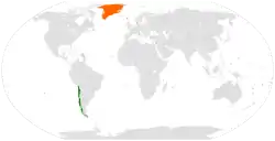 Map indicating locations of Chile and Denmark