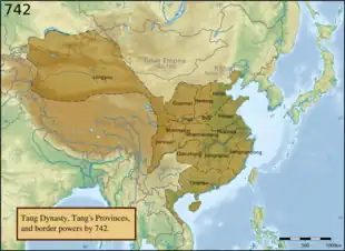 Geophysical map of East Asia, overlaid in brown with the extent of the Tang empire, and showing the extent and names of the provinces