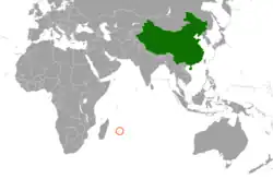 Map indicating locations of China and Mauritius