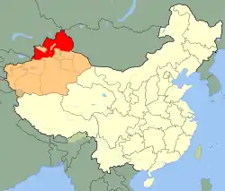 Ili Prefecture (red) in Xinjiang (orange)