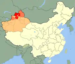 Tacheng prefecture (red) in Ili prefecture (light red) and Xinjiang (orange)