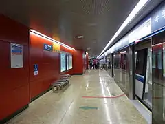 A train arrives at the DTL platform (on the right). On the left is a red wall with signage, station information and maps displayed.