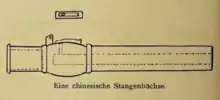 Drawing of a Chinese pole gun found in Java, 1421. It weighed 2.252 kg, length of 357 mm, and caliber of 16 mm. This gun features a rain cover connected with hinge, which is now missing. The hinge is still preserved.