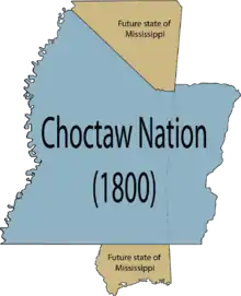 map of original Choctaw territory in Mississippi