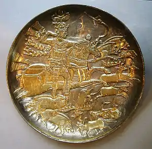 Persian metal engraving (golden plated), depicting Shah Anushirvan